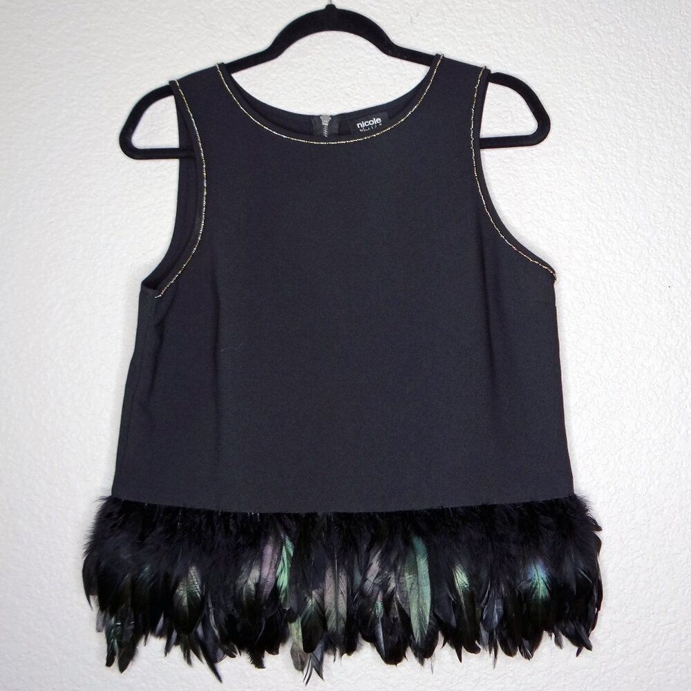 Nicole Miller Beaded & Feather Peplum Evening Top Size Medium